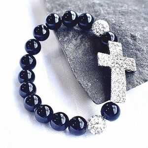 💞💗 Curved Cross Stretch Black Beaded Bracelet W/Crystal Rhinestones